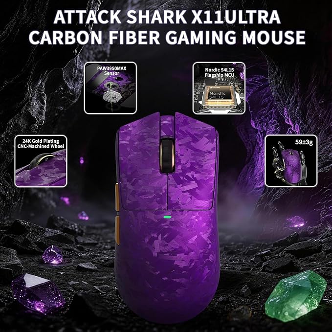 ATTACK SHARK X11 Ultra 8K Carbon Fiber Wireless Gaming Mouse,Nordic 54L15 MCU,PAW3950MAX Sensor,59g Superlight,42000 DPI,BT/2.4Ghz/Wired Mouse with 100 Million Clicks,Programmable for Pc/Mac,Purple