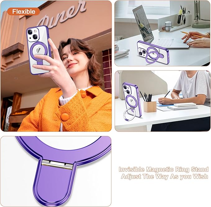Compatible with iPhone 14 Plus Case with Invisible Magnetic Ring Stand [Compatible with Mag-Safe] [Full Camera Lens Protector] Plating Clear Phone Case for iPhone 14 Plus 6.7", Purple