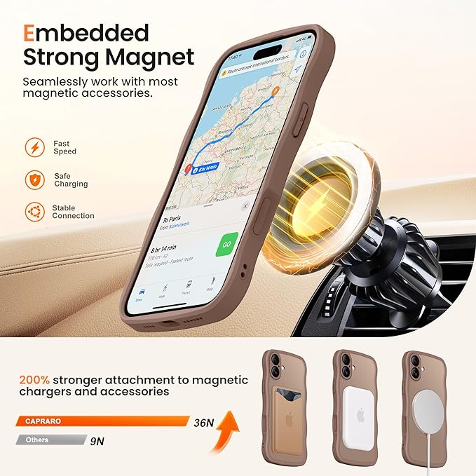 CAPRARO for iPhone 16 Plus Case with 360° Spin Magnetic Stand for Women, [Compatible with MagSafe] [Full Camera Protection] Cute Wave Translucent Matte Case for iPhone 16 Plus, Brown