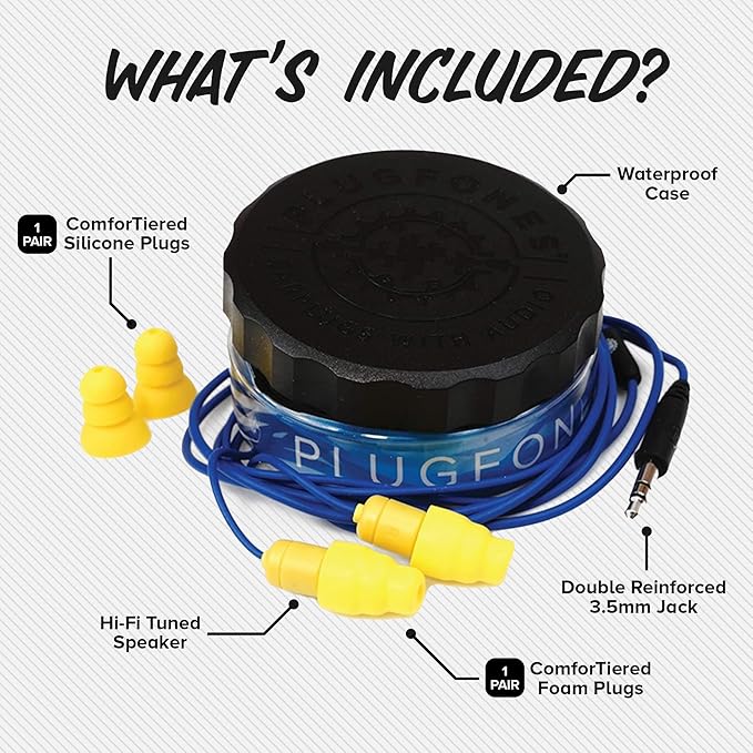 Plugfones Guardian Earplug Headphones - OSHA Approved Noise Isolating in-Ear Earbuds with Hearing Protection - Wired Hybrid for Work and Travel - Includes Silicone and Foam Earplugs - Blue & Yellow