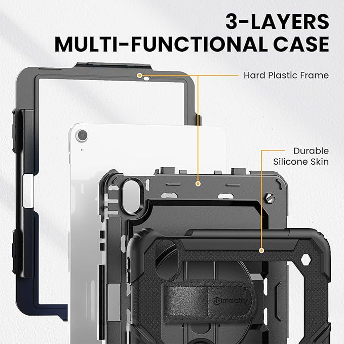 timecity Case for iPad Air 11 Inch M4 / M3 / M2 (2026/2025/ 2024), 360° Rotating Stand, Pencil Holder & Wireless Charging, Shockproof with Screen Protector & Shoulder Strap - for Designers, Black