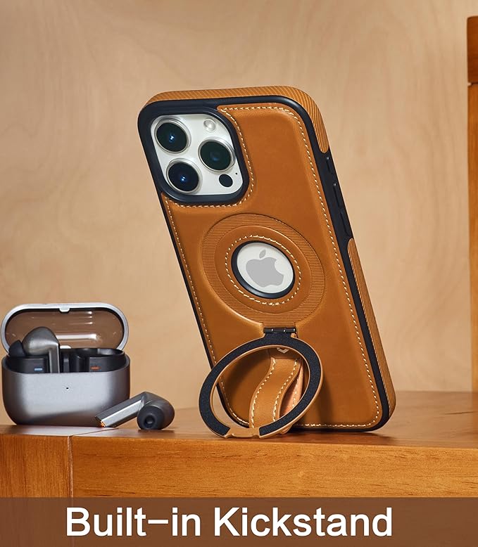 Butaiga for iPhone 13 Pro Leather Case with Stand, Anti-Slip Grip Ring, Fits for MagSafe (Brown, iPhone 13 Pro)