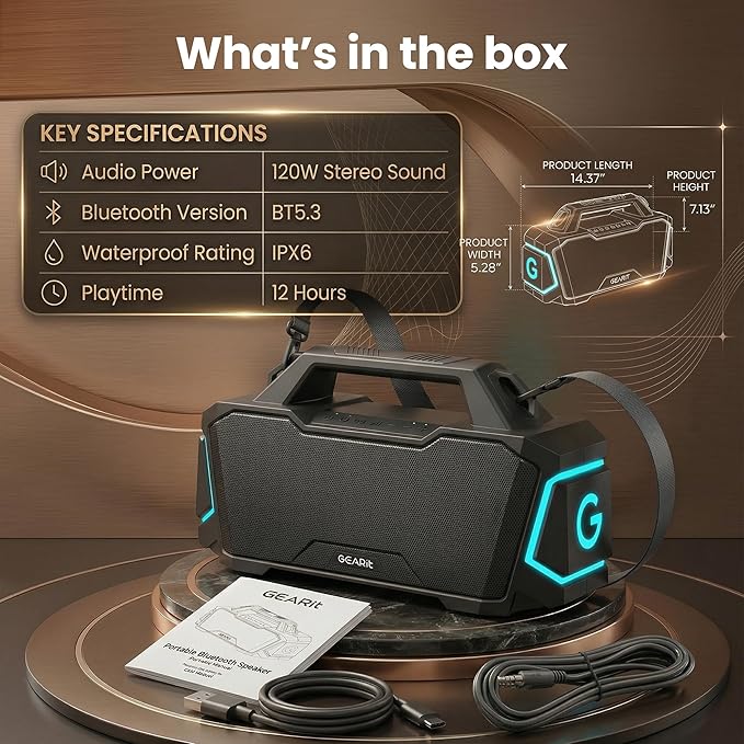 GEARit Boombox Outdoor Speaker Portable | 120W Subwoofer Deep Bass Karaoke | IPX6 Waterproof RGB Light Bluetooth 5.3 EQ | AUX/MicroSD/USB Power Bank 12H Playtime for Camping Beach Party Pool Gift
