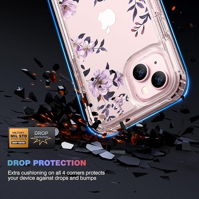 Diaclara Designed for iPhone 15 Plus Case 6.7 Inch Clear Floral Design,Full Body 360 Case w/Built-in Screen Protector+9H Glass Camera Lens Protector (Clear Flower)