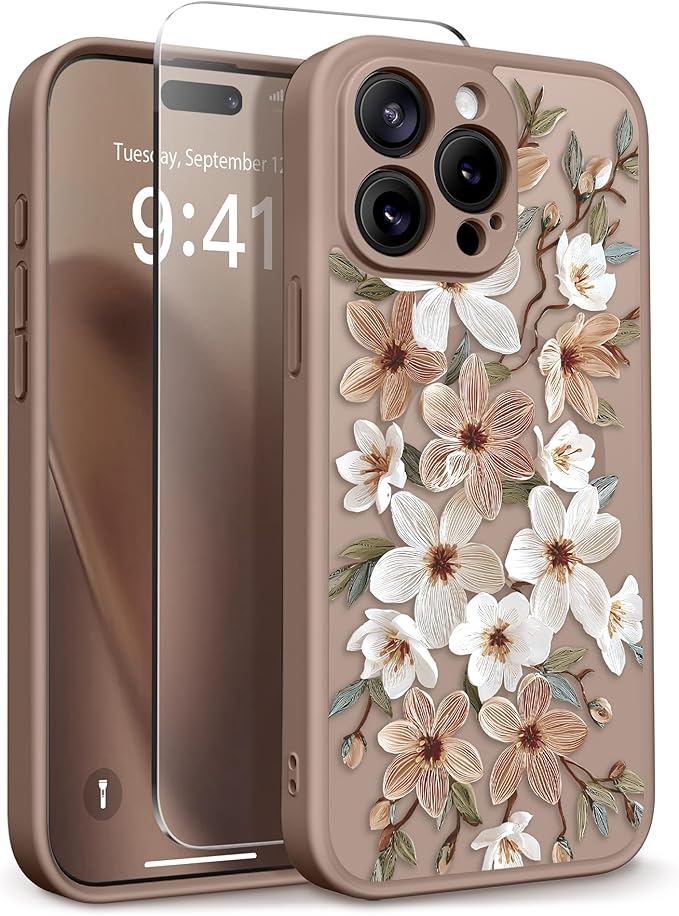GVIEWIN for iPhone 15 Pro Max Case Compatible with MagSafe, [Military Grade Protection] [Screen Protector] Full Camera Protection Floral Translucent Women Magnetic Phone Case, Dogwood/Brown