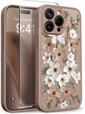 GVIEWIN for iPhone 15 Pro Case Compatible with MagSafe, [Military Grade Protection] [Screen Protector] Full Camera Protection Floral Translucent Women Magnetic Phone Case, Dogwood/Brown