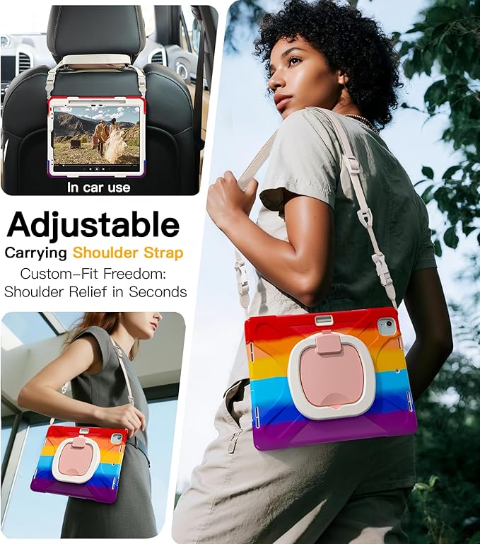 BRAECN for iPad Air 13 Case M4 2026/M3 2025/M2 2024, iPad Pro 12.9 (6th/5th/4th/3rd Gen), Heavy Duty Shockproof Cover with Pencil Holder, Rotating Handle Grip, Kickstand, Shoulder Strap, Colorful Red