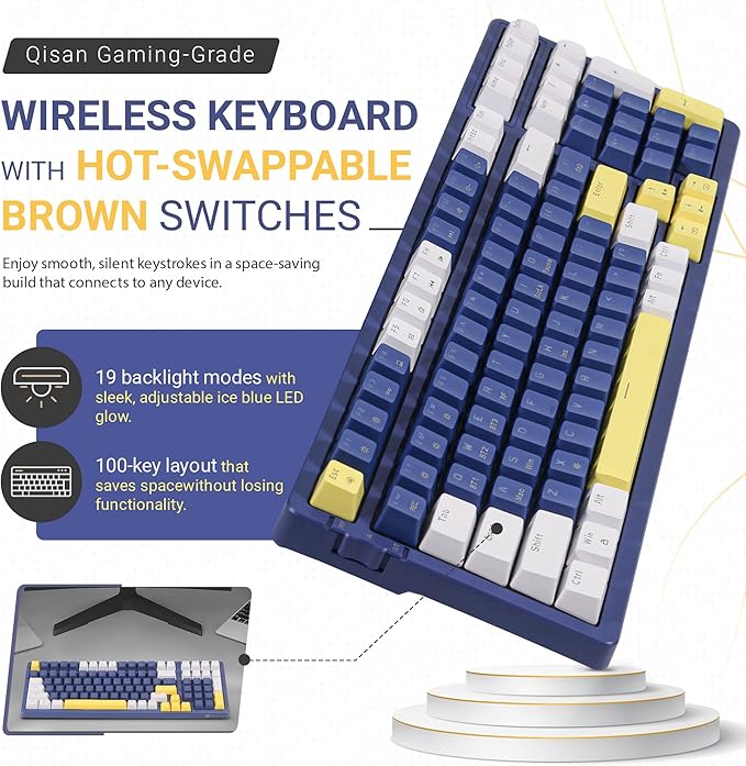 Qisan Wireless/Wired Mechanical Gaming Keyboard, Triple Mode 2.4G/USB-C/BT (98%) Wireless Mechanical Keyboard with US Layout | Brown Switch Rechargeable RGB Backlit Keyboards for Gaming, Blue & White
