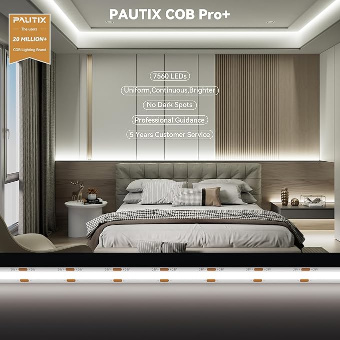 PAUTIX COB LED Strip Lights 48ft/15m Super Bright,504 LEDs/m Natural White 5000K CRI90+ Flexible LED Tape 24V for Cabinet Home DIY Lighting Projects with 2pcs COB Connector(Power Supply Not Included)