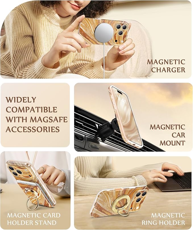 GVIEWIN for iPhone 17 Pro Case Compatible with MagSafe, [Full Camera Protection][Military-Grade Protection] Shockproof Protective Slim Magnetic Marble Phone Case for 17 Pro 6.3", Amber/Orange