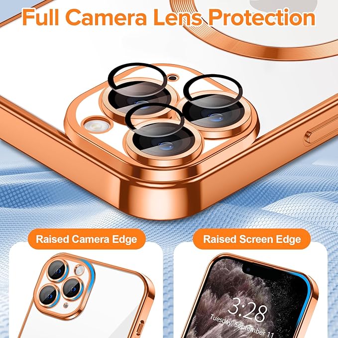 Hython Magnetic Clear for iPhone 11 Pro Max Case with Camera Lens Protector [Compatible with MagSafe] Plating Edge Slim Soft TPU Cover Protective Phone Case for iPhone 11 Pro Max 6.5", Orange