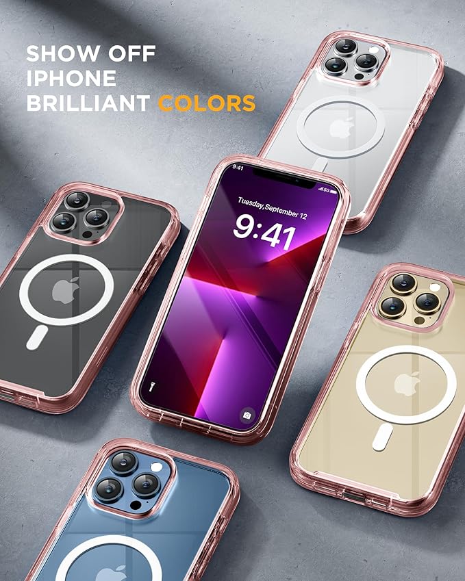 Miracase Magnetic for iPhone 13 Pro Max Case 6.7 inch, (Compatible with MagSafe) Upgrade Full-Body Clear Phone Bumper Case with Built-in 9H Tempered Glass Screen Protector, Magnetic Clear Pink
