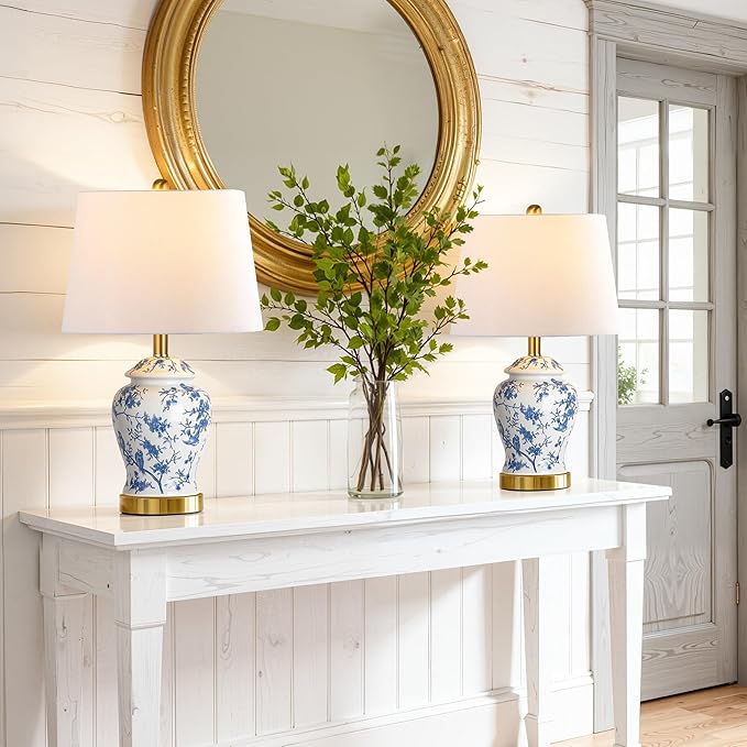 QiMH Chinoiserie Ceramic Table Lamps Set of 2 for Living Room, Vintage Traditional Bedside Lamps for Night Stands, 22" Large Blue and White Table Lamp for Bedroom Cottage, Gold(LED Bulbs Included)