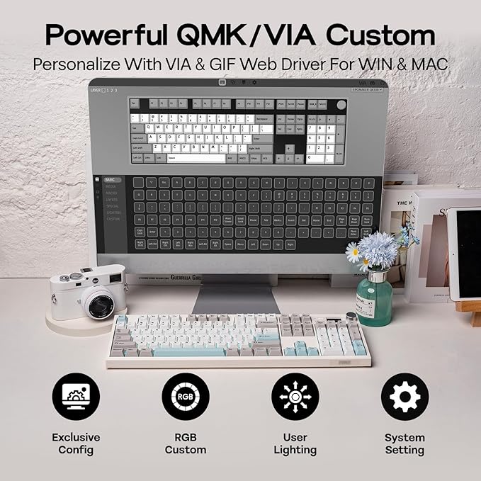 EPOMAKER QK108 Full Size Mechanical Keyboard with Screen & Knob, 8000mAh, QMK/VIA, Creamy&Thocky, Gasket, RGB Backlit, Mac Keycap, Wireless Gaming Keyboard (White Cyan, Wisteria Linear Switch)
