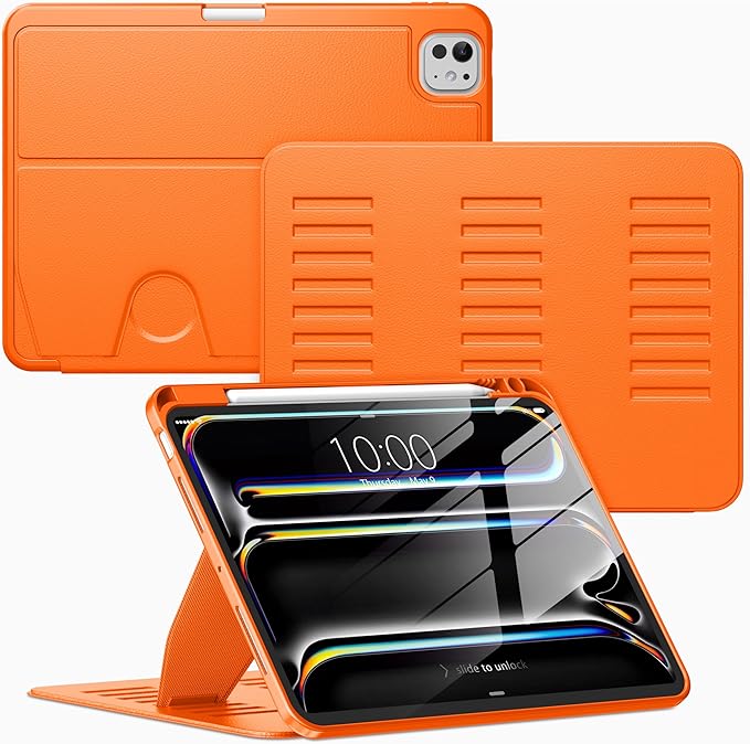 VIKESI Case for iPad Pro 11 inch (M5/M4) 2025/2024,Multiple Angles Magnetic Stand Cover,Shockproof Back,Pencil Holder,and Auto Sleep/Wake,Orange