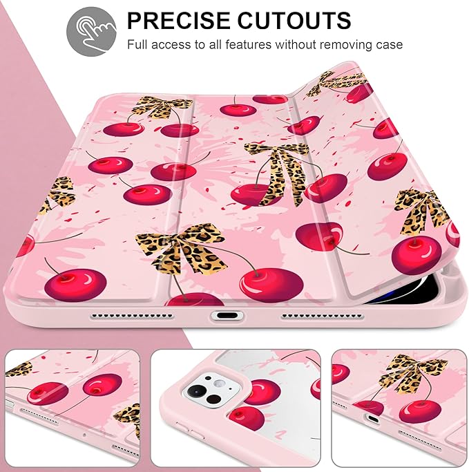 Case for iPad Pro 11 Inch (M5 2025 M4 2024) – [Built-in Pencil Holder], Shockproof & Stylish, Clear Hard Back + Soft TPU Edge, Magnetic Trifold Stand, Auto Wake/Sleep, Cherry & Leopard
