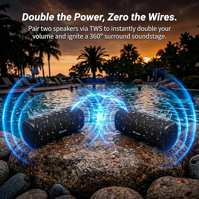 Bass Boosted Bluetooth Bike Speaker, IPX7 Waterproof Portable Wireless Outdoor Speaker, 25-Hour Playtime, LED Lights, TWS Pairing for Pool, Beach, Shower, Gifts (Black)