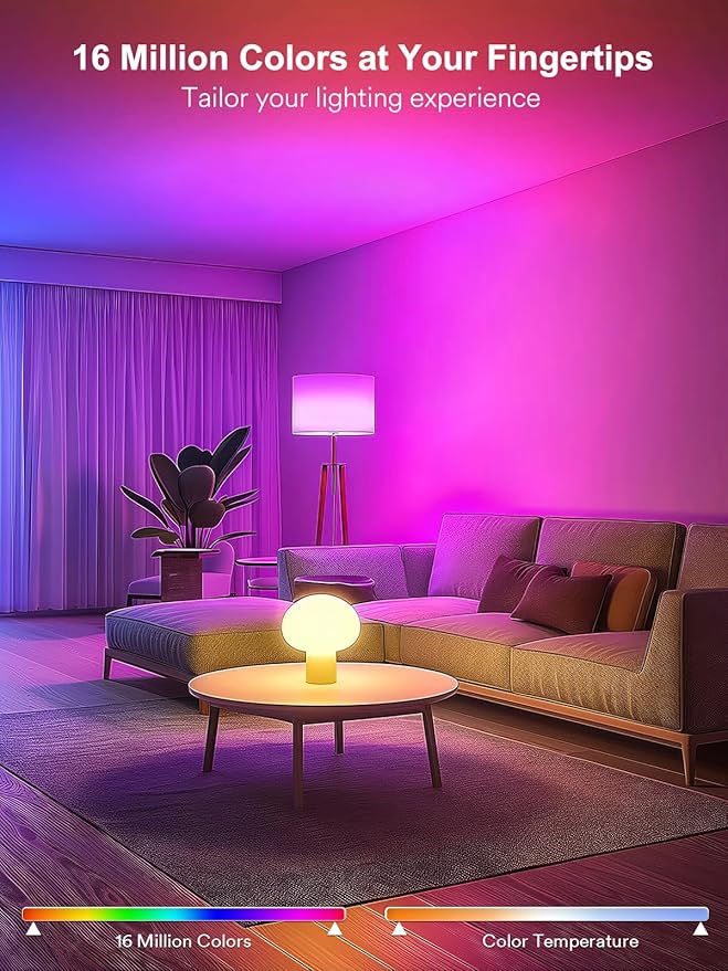 ANGELHALO Smart Light Bulbs, Color Changing A19 LED Light Bulb, Work with Alexa and Google Assistant, Wi-Fi & Bluetooth Light Bulbs, 16 Million Colors RGBCW, Music Sync, 800 Lumens, 2.4Ghz only,4 Pack
