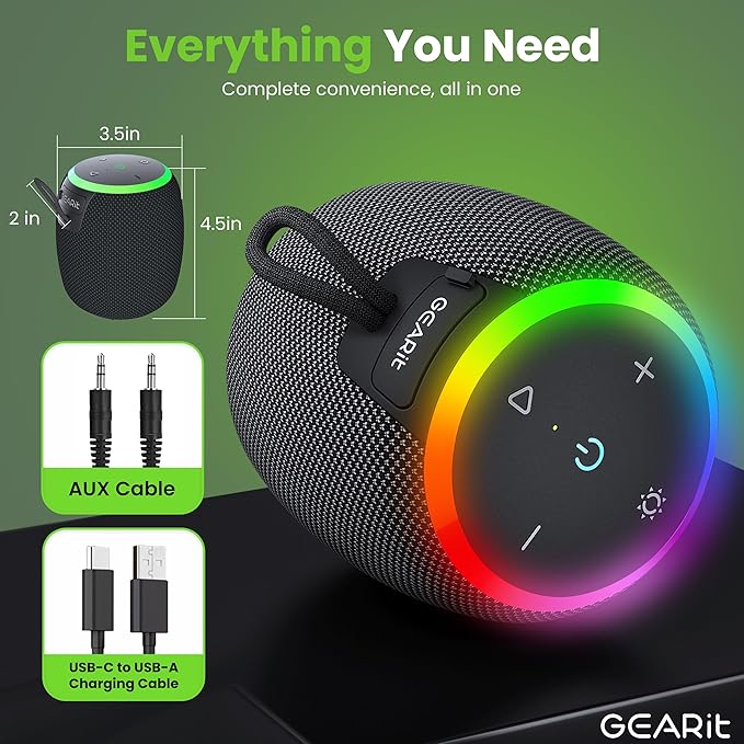 GEARit Small Portable Wireless Speaker with Deep Bass & RGB Light | 15W Bluetooth Speaker V5.3 IPX6 Waterproof & Dustproof | AUX & TWS Pairing 10H Playtime for Camping Beach Travel Home Gift