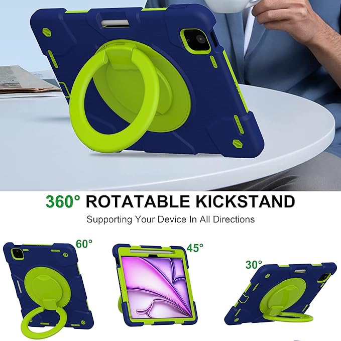 Andnary Case for iPad Air 11 inch Case M4/M3/M2 (2026/2025/2024), Heavy Duty Shockproof Cover with Screen Protector, 360° Rotating Stand, Pencil Holder, Shoulder Strap (Navy+Green)