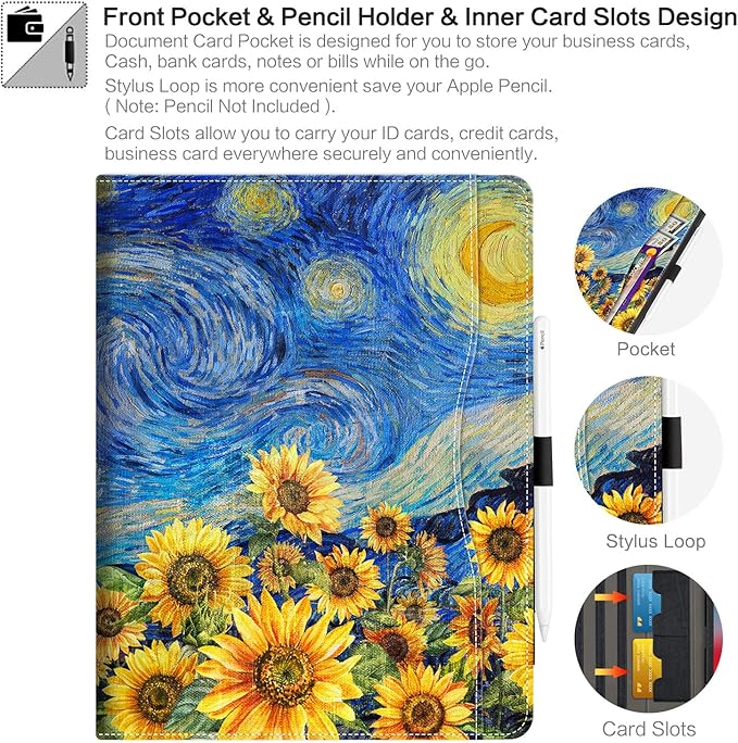 for iPad Air 13 inch Case (M4/M3/M2), iPad Pro 12.9 Case, iPad Pro 13-Inch Case (M5/M4) Shockproof Pencil Holder Adjustable Stand/Pocket/Magnetic Closure/Auto Wake Sleep Starry Night Sunflowers