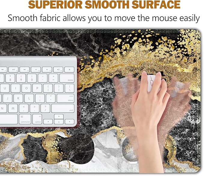 Upgraded Extended Gaming Mouse Pad, Keyboard Wrist Rest Pad, Wrist Support Mousepad Set, Artso Large Stable Rubber Base Stitched Edges, Multifunctional Desk Pad 35 x15.5 in, Black Grey Marble