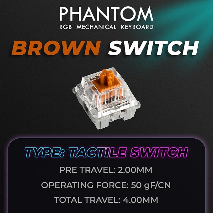 TECWARE Phantom+ 87 Mechanical Gaming Keyboard | RGB LED Backlit | Hot Swappable Wraith Brown Switches | 87 Key TKL Layout | Thocky Sound Profile | Detachable USB-C Wired | Black