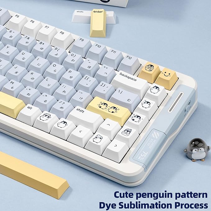 134 Keys Blue&White Penguin Keycaps - Cute PBT Japanese Keycap Cherry Profile Dye Sublimation - Custom White Key Cap for Cherry Gateron MX Switches Mechanical Gaming Keyboard