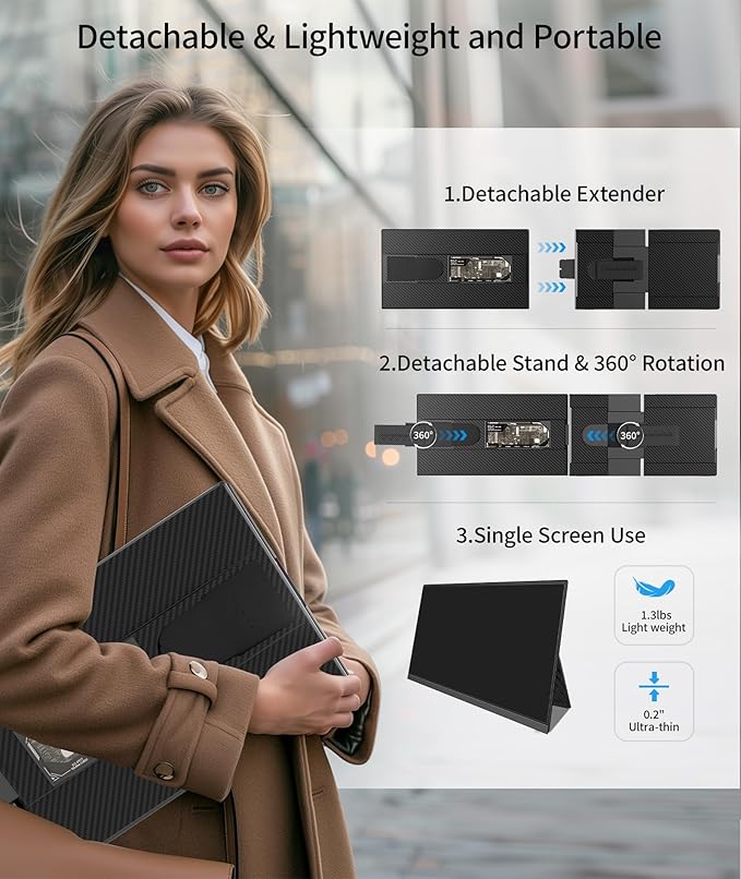 Cevaton Laptop Screen Extender - 15.6" FHD 1080P Portable Monitor for Laptop, Detachable & Plug and Play Dual Monitor Extender for 13"-17.3" Laptops, Compatible with Wins/Mac/Android/Chrome