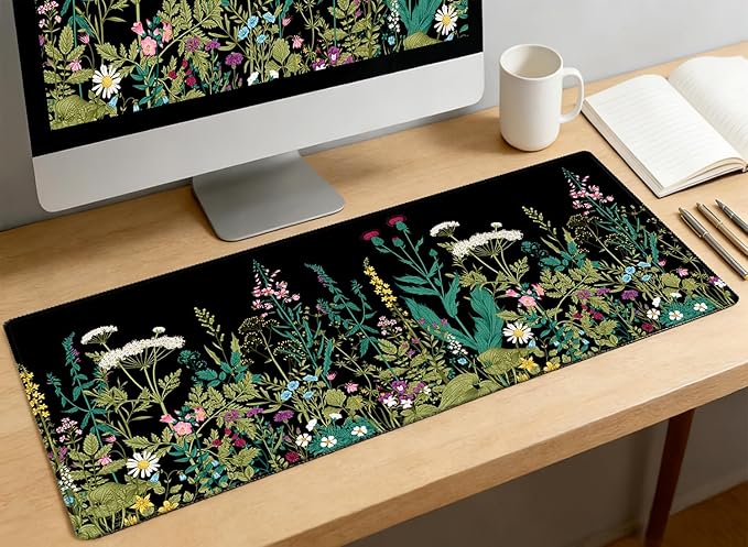 XXL Waterproof Office Desk Pad Protector 35.4x15.7 Inch - Extended Gaming Mouse Pad with Non-Slip Rubber Base, Thickened Keyboard Mat, Stitched Edges & Weeds Design