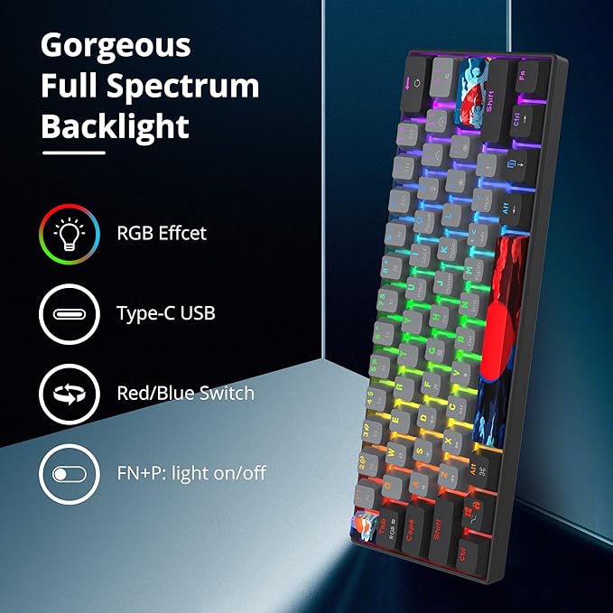 Owpkeenthy 60% Percent Keyboard Mechanical Gaming Blue Switch Ultra Compact RGB Wired 60% Gaming Keyboard N-Key Rollover for PC Gamer(Black/Blue Switch)