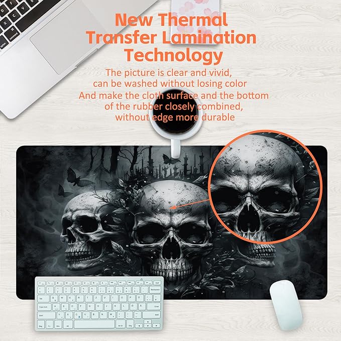 Large Gaming Mouse Pad, Ghostly Skulls in Mist Desk Mat, Scary Skulls Desk Pad, 31.5"x15.7" Extended Big Computer Keyboard Mouse Pad with Non-Slip Base and Stitched Edge