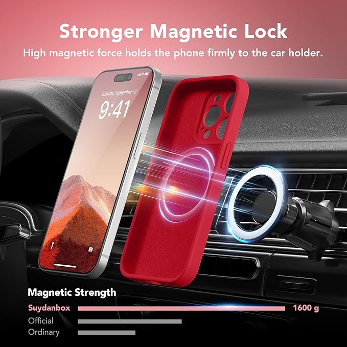 Magnetic for iPhone 15 Pro Max Case, Compatible with MagSafe, [Full Camera Protection][Screen Protector] Silicone Shockproof Protective Phone Case for iPhone 15 Pro Max 6.7", Deep Red