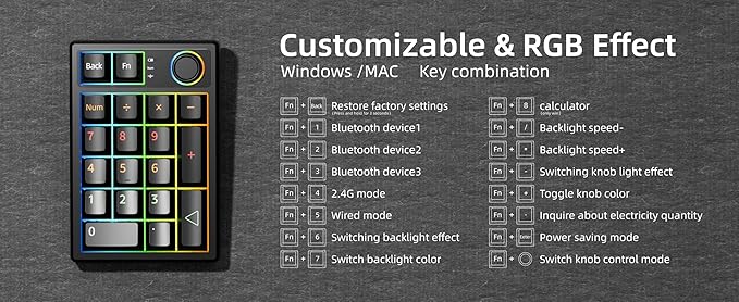 Gasket Creamy Mechanical Numpad Programmable Macro Keypad Wireless 2.4G/Bluetooth 5.0/Wired USB-C RGB Backlit Hot Swappable Number Pad Rechargeable Numeric Keyboard Metal Knob, Black