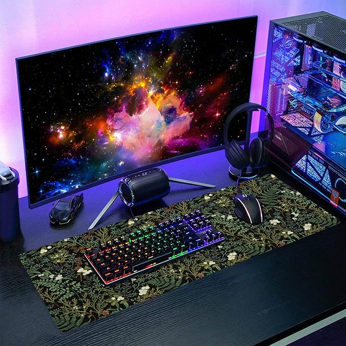 Black Aesthetic Vintage Botanical Gaming Mouse Pad XL Cute Forest Green Plant Nature Floral Extended Large Big Mousepad Non-Slip Stitched Edge Long Mat for Desk Office Computer,31.5×11.8 in