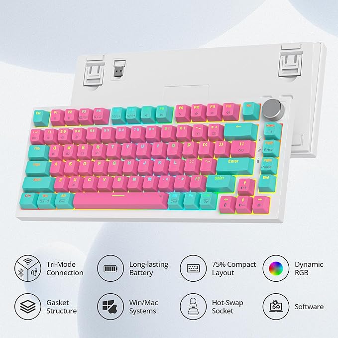 400PRO 75% Wireless Creamy Mechanical Keyboard Pink, Gasket Hot Swappable RGB Gaming Keyboard, Bluetooth/2.4GHz/USB-C Cute Keyboard with Pre-lubed Cream Grey Switches (82 Pink Cyan) ﻿