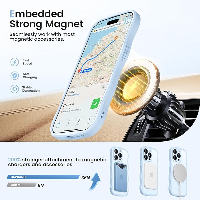 CAPRARO for iPhone 14 Pro Case with 360° Spin Magnetic Stand for Women, [Compatible with MagSafe] [Full Camera Protection] Cute Wave Translucent Matte Case for iPhone 14 Pro,Light Blue