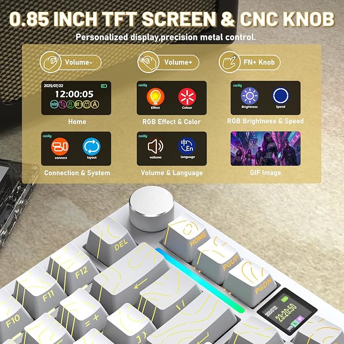 Attack Shark X820Ultra Wireless 75% Mechanical Gaming Keyboard with Screen & Knob Hot Swap 2.4GHz/BT/Wired RGB Backlit Gasket Mount Side Print PBT Keycap QMK Web Driver Shark Switch-White Contour