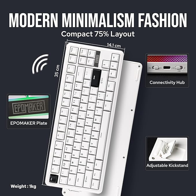 EPOMAKER TH85 QMK/VIA Wireless Gaming Keyboard, BT5.0/2.4GHz/USB-C, Hot Swappable Pre-lubed Custom Milk Blue Tactile Switches, Gasket Creamy Keyboard for PC/Mac/Office/Gaming (White)
