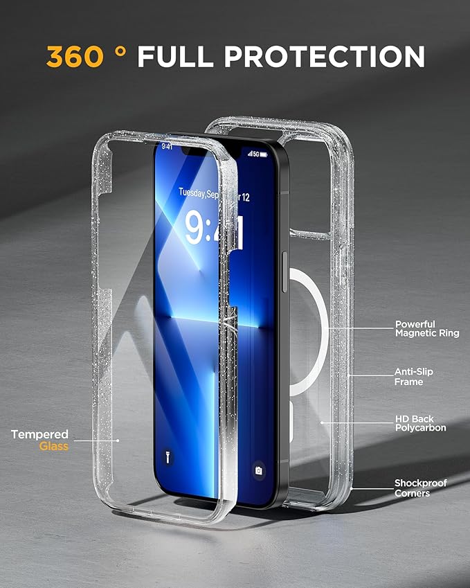 Miracase Magnetic for iPhone 13 Pro Max Case 6.7 inch, (Compatible with MagSafe) Upgrade Full-Body Clear Phone Bumper Case with Built-in 9H Tempered Glass Screen Protector, Magnetic Glitter Clear