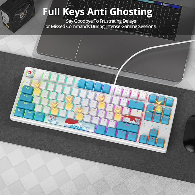 75% Mechanical Gaming Keyboard with Red Switch, RGB LED Backlit Keyboard White and Blue, 87 Keys Compact TKL Wired Computer Keyboard for Windows Laptop PC Gamer (87 Sea)