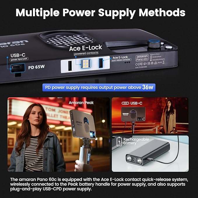 Amaran Pano 60c Kit Led Video Panel Light 60W RGBWW Full Color Lights,CCT 2,300K-10,000K,12 Lighting Efects,App Control,Support USB-C PD,with Softboxes and Carrying Case (White)