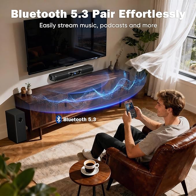 RIOWOIS Sound Bar for Smart TV,3.1ch Soundbar with Wired Subwoofer,100W Deep Bass, TV-ARC/Optical/AUX/Bluetooth 5.3 Connect, Surround Sound System for TV PC/Gaming/Projectors