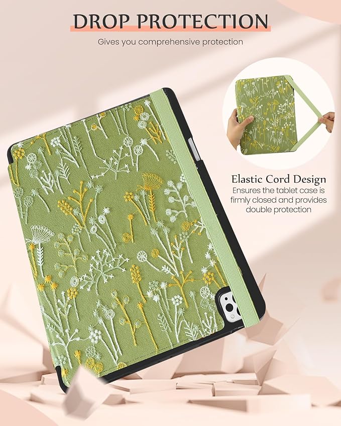 Uppuppy for iPad Air 13 Inch Case M3 2025/M2 2024, for iPad Pro 12.9 Case 6th/5th/4th/3rd Gen- Women Girls Cute Embroidered Folio Stand Cover with Pencil Holder & Card Slot Design Girly Kawaii Plants