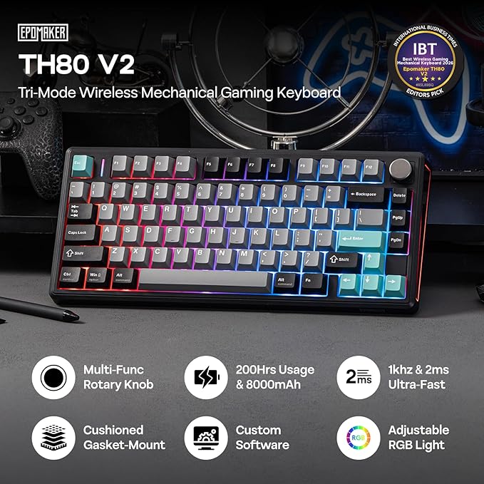 EPOMAKER TH80 V2 75% Wireless Mechanical Keyboard with Metal Knob, 8000mAh, 2.4Ghz/BT/USB-C, RGB, Hot Swap, Custom Driver, PBT Keycap, Wireless Gaming Keyboard for PC/Mac (Black, Sea Salt Silent)