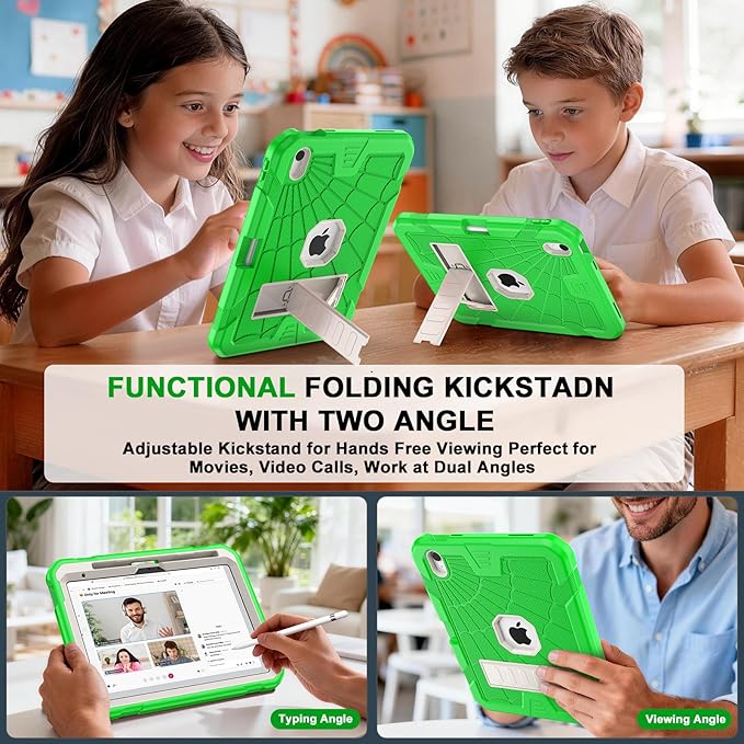 SIBEITU for iPad Case 11th A16/ 10th Generation 2025/2022, Heavy Duty iPad 10 Case with Built-in Kickstand & Pencil Holder, Hybrid 3-Layer Protective iPad 10th 10.9" Cover for Kids Boys Girls, Green
