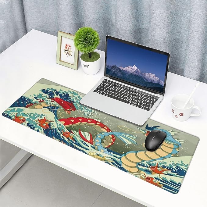 Large Gaming Mouse Pad,Japanese Ukiyoe Anime Dragon Mousepad,Stitched Edges,Non-Slip Rubber Base,Long Extended Desk Mouse Mat(31.5"x12")