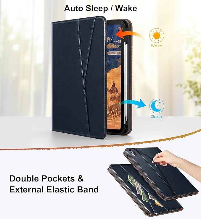 DTTO for iPad Air 11 inch Case M4 / M3 / M2 (2026/2025/2024), iPad Air 5th / 4th Gen (2022/2020), 360 Degree Rotating Premium Leather Folio Stand Cover with Pencil Holder, New Blue