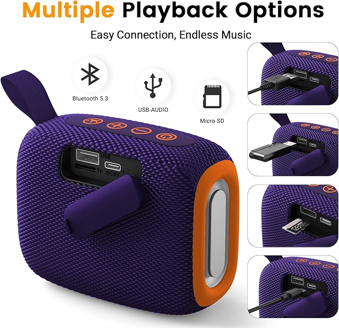 Portable Waterproof Bluetooth Speaker IPX5 for Outdoor,HD Sound All-Day Playtime, BT5.3,Wireless Speakers with Lights, Essentials for Beach/Party/Camping,Gifts for Men Women Boys Girls-Purple