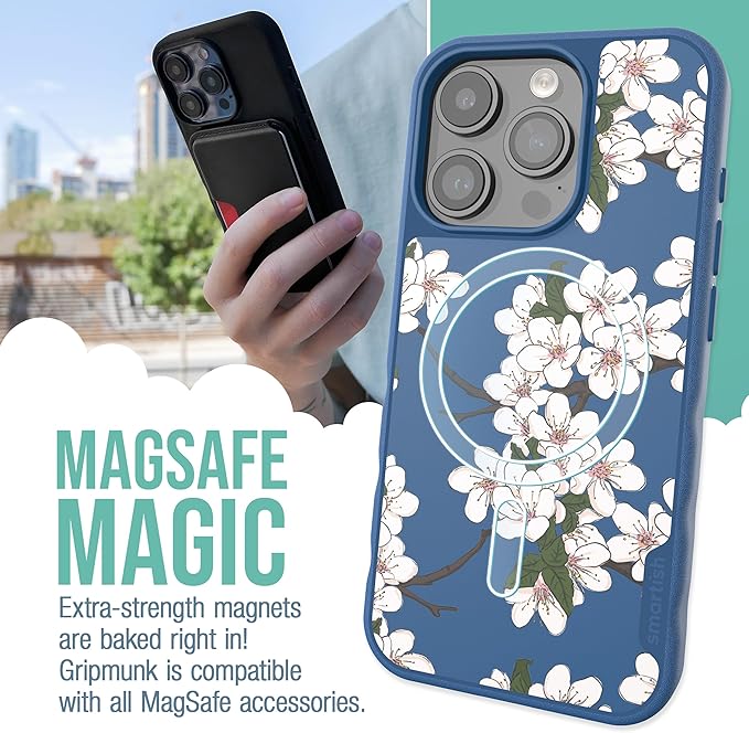 Smartish® iPhone 15 Pro Magnetic Case - Gripmunk Compatible with MagSafe [Lightweight + Protective] Slim/Thin Grip Cover with Microfiber Lining for Apple iPhone 15 Pro - Very Cherry Blossom